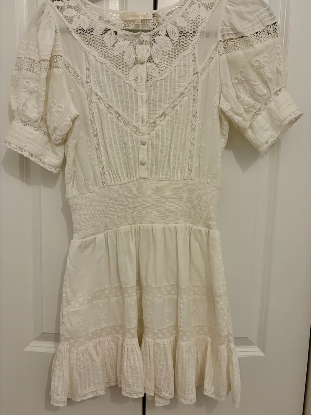 LoveShackFancy Cream Lace-Trim Mini Dress